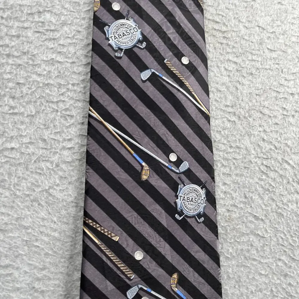 Tabasco Golf Club Print Gray Striped Necktie Hot Sauce Tie